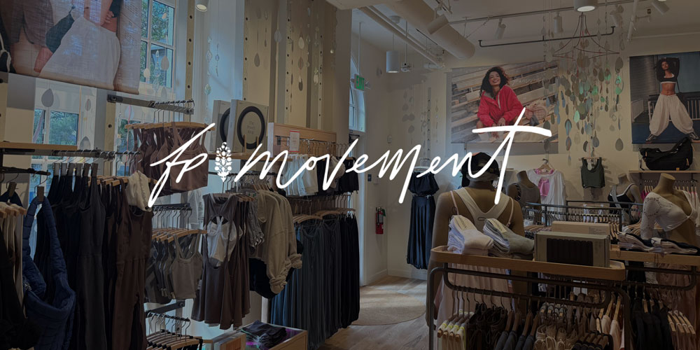 Interior of FP Movement at Old Town Los Gatos featuring women’s activewear, workout apparel, and fitness accessories displayed throughout a modern boutique retail space.